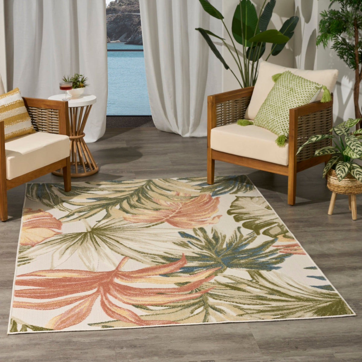 Nourison Aloha ALH43 Machine Made Ivory, Green Rug
