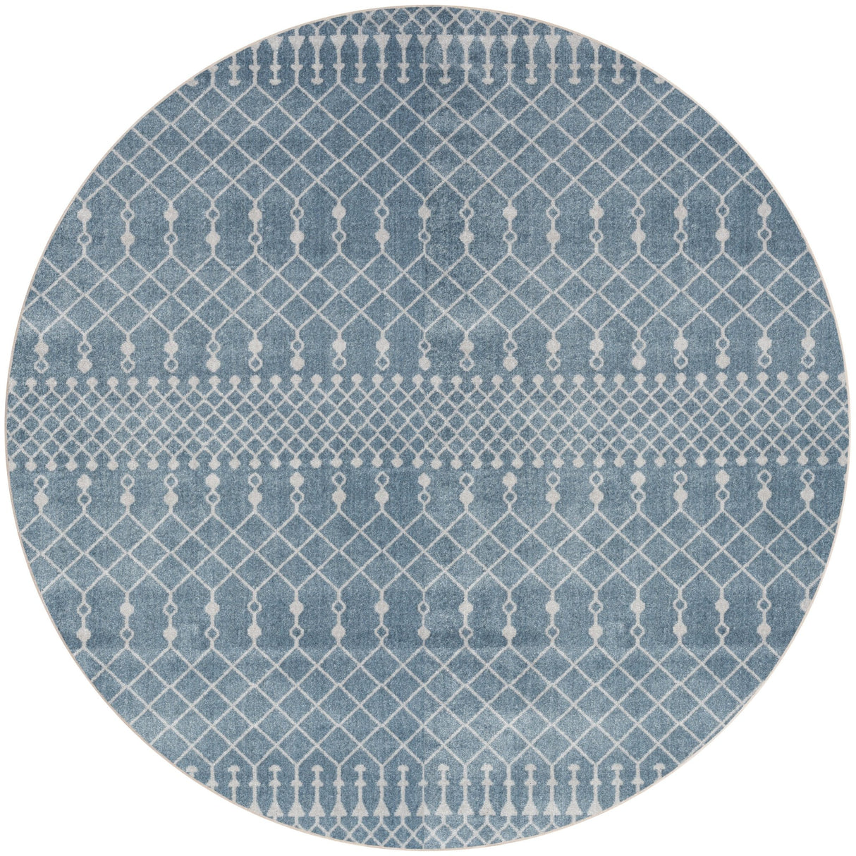Blue round geometric rug with lattice trellis pattern