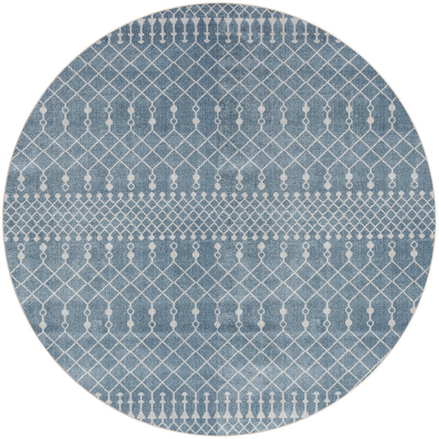 Blue round geometric rug with lattice trellis pattern