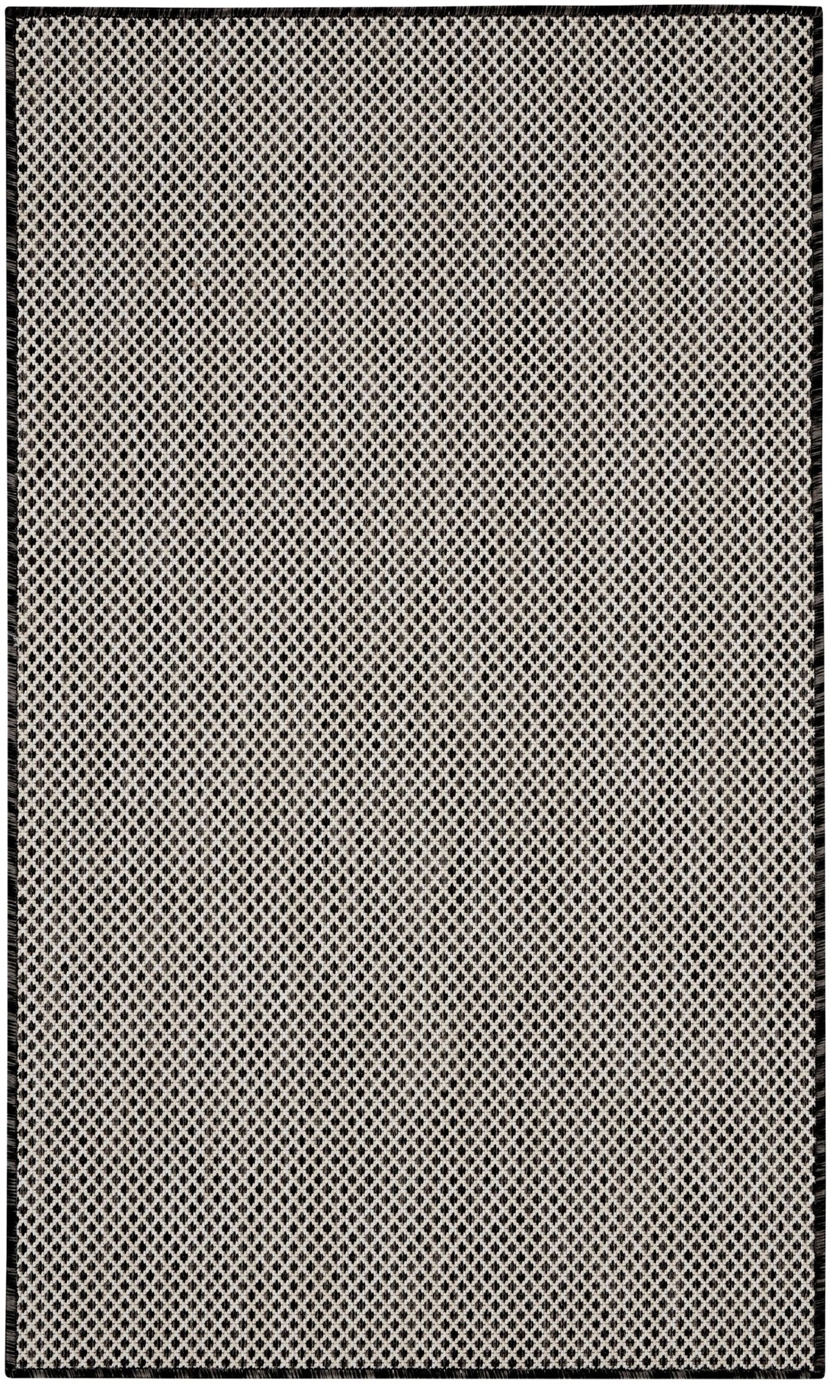 Black and white geometric lattice area rug with dark outer frame
