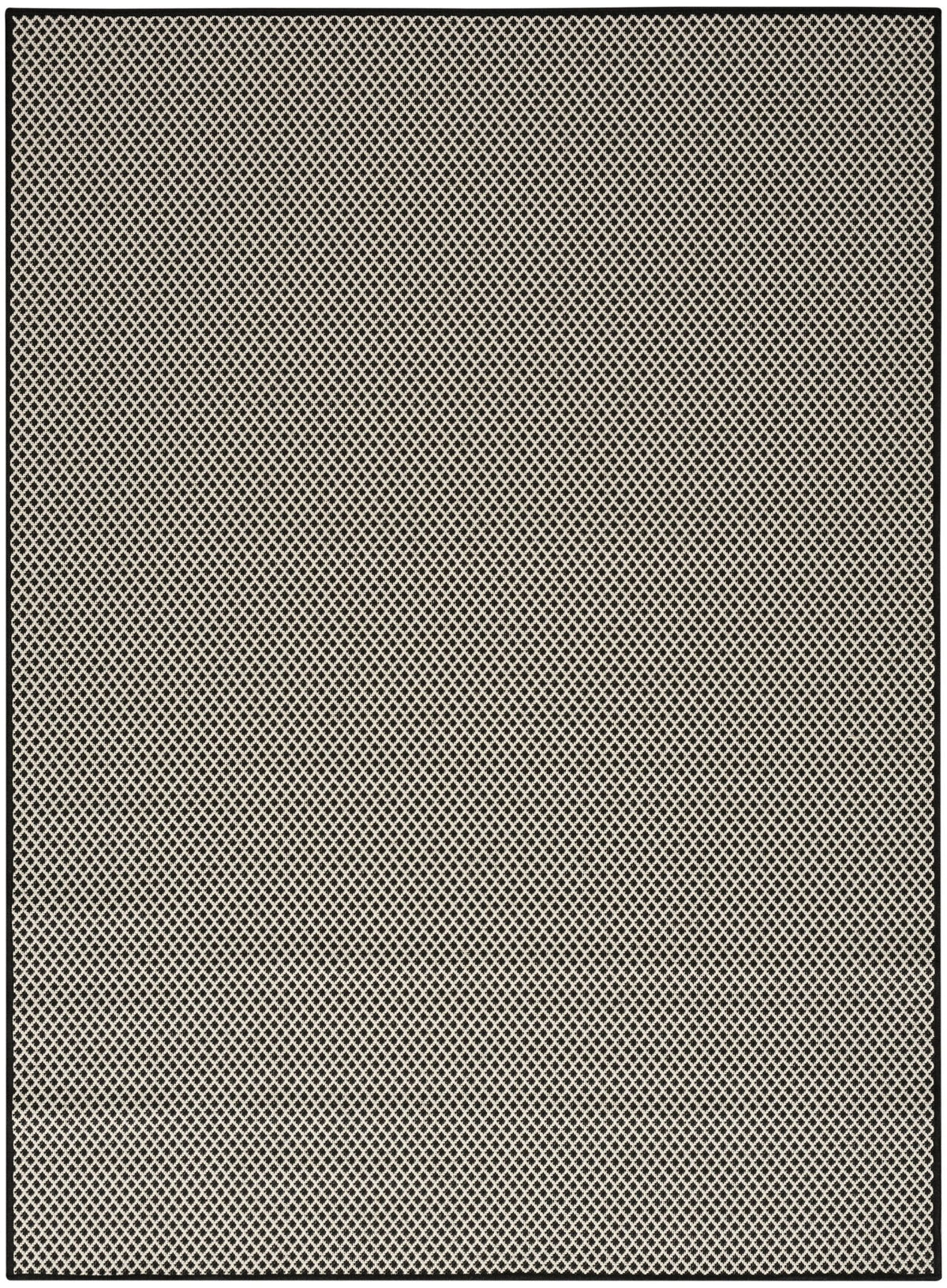 Black and white geometric trellis area rug with flat border