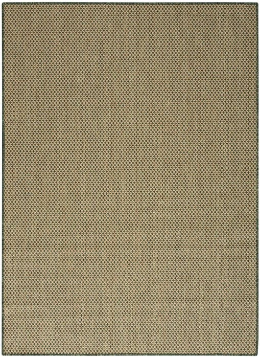 Green rectangle rug centered in frame, featuring repeating diamond lattice pattern