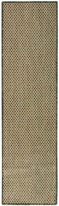 Green runner rug with repeating diamond lattice pattern and narrow border trim