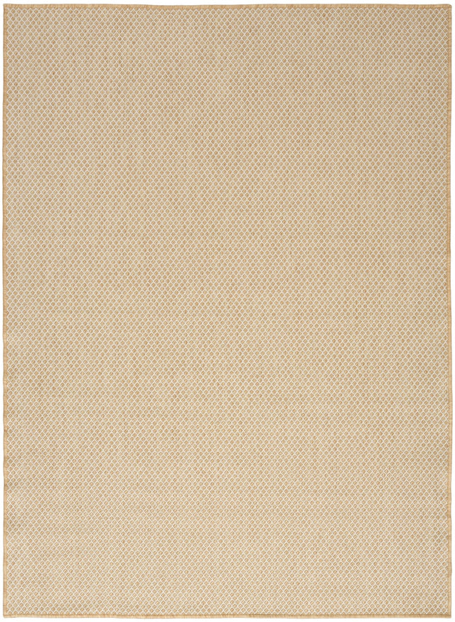 Natural lattice rug with tan border, flat woven with repeating small motif