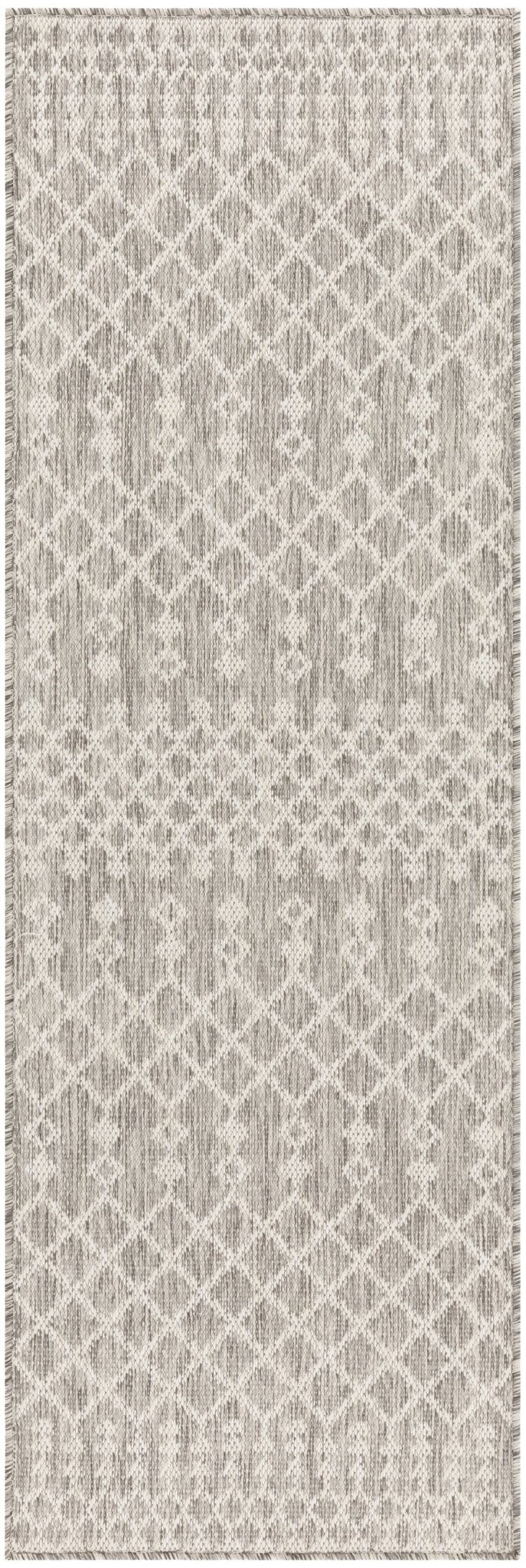 Rectangular light grey rug with repeating lattice damask pattern