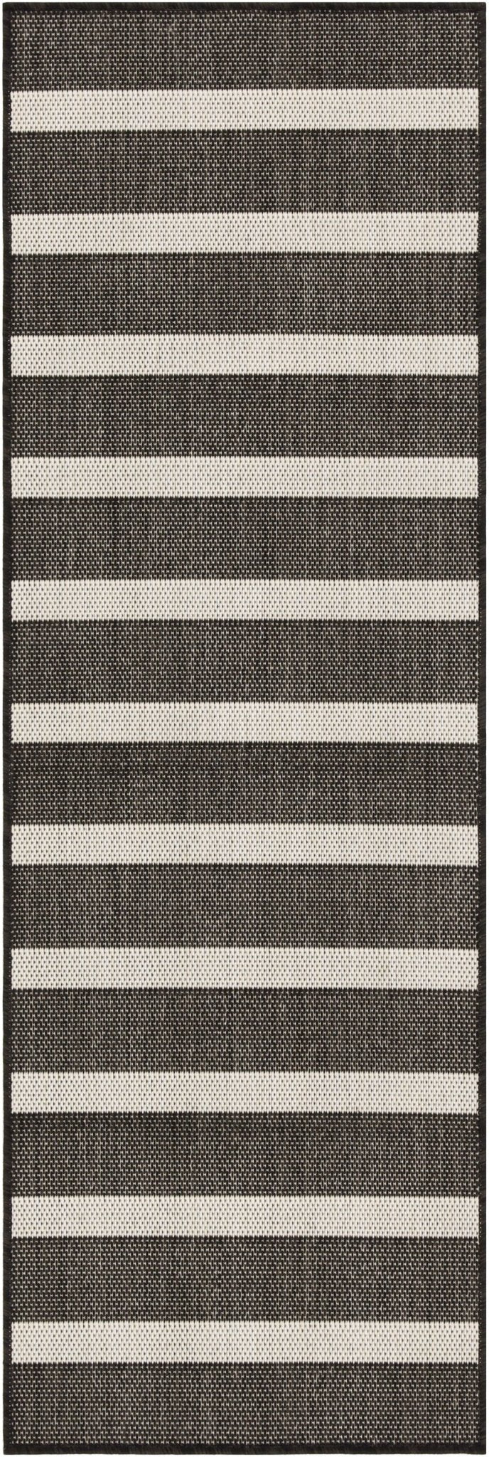 Black and ivory striped rectangular rug with flat woven pattern