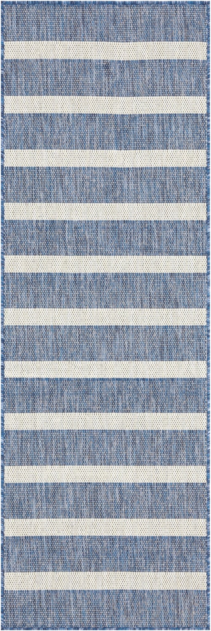 Navy and ivory rug with horizontal stripe bands, textured woven look