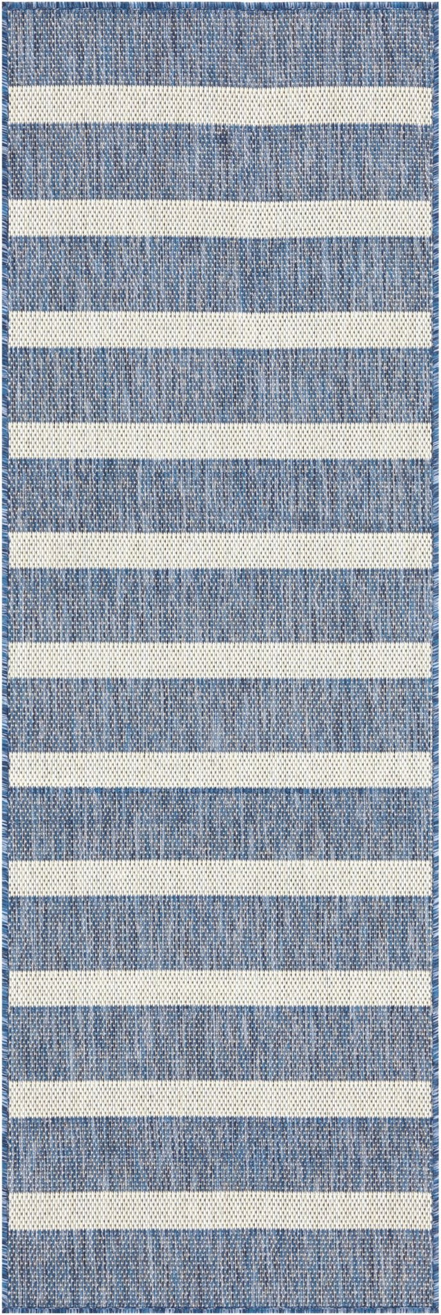 Navy and ivory rug with horizontal stripe bands, textured woven look