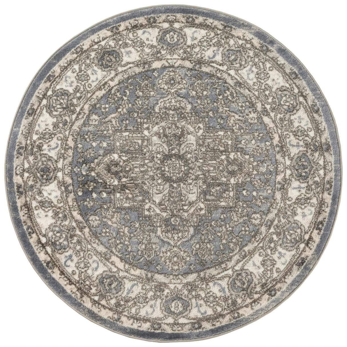 Blue and gray vintage-style round area rug with ornate central pattern