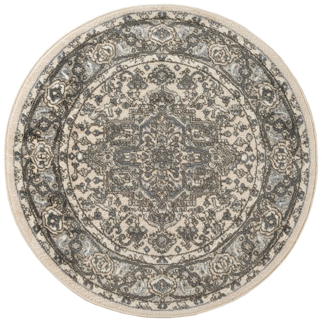 Round ivory and blue patterned rug with ornate central medallion border