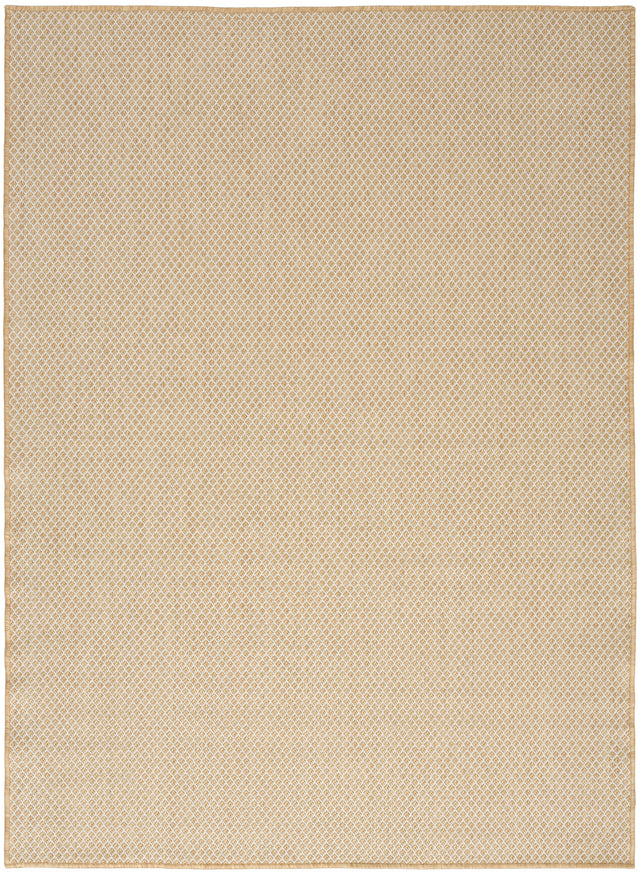 Natural lattice rug with tan border, flat woven with repeating small motif