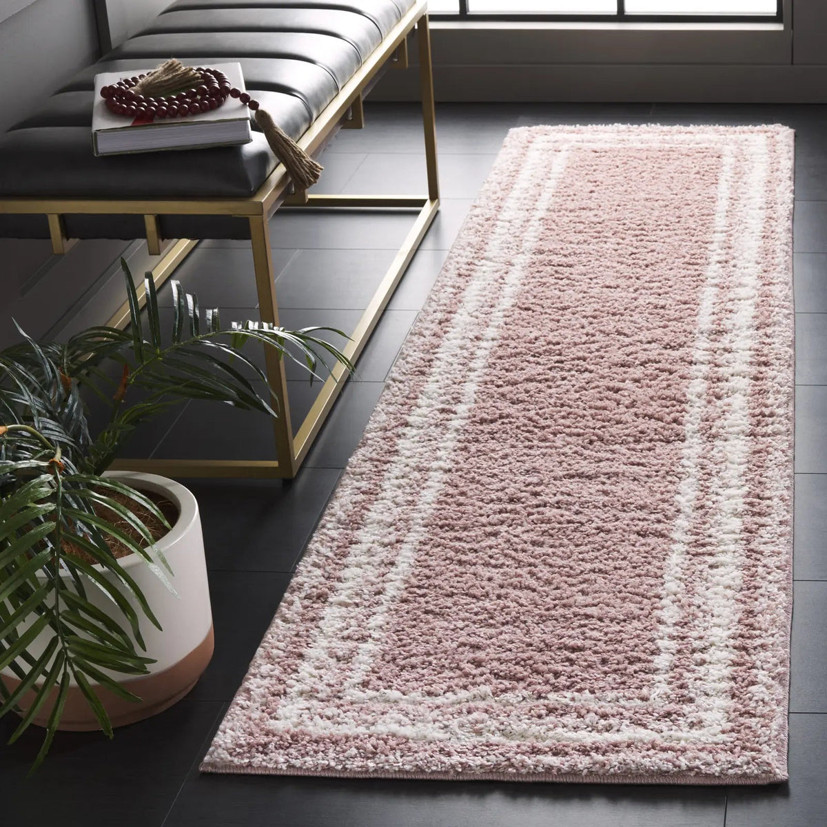 Safavieh Border & Stripe Shag 200 2'-2" x 8'-0" Rug in Pink / Ivory
