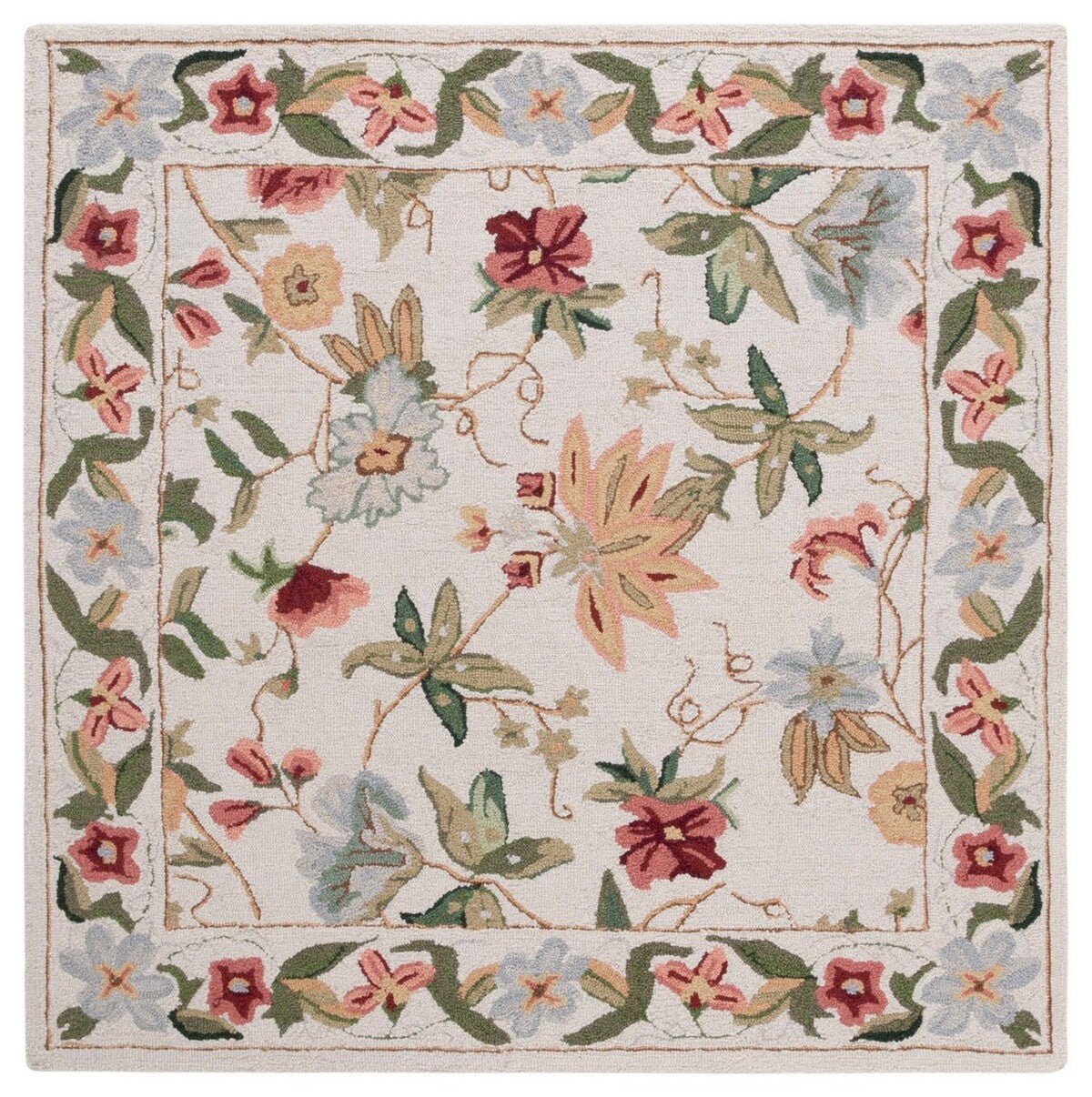 Ivory area rug with colorful floral vines and ornate border