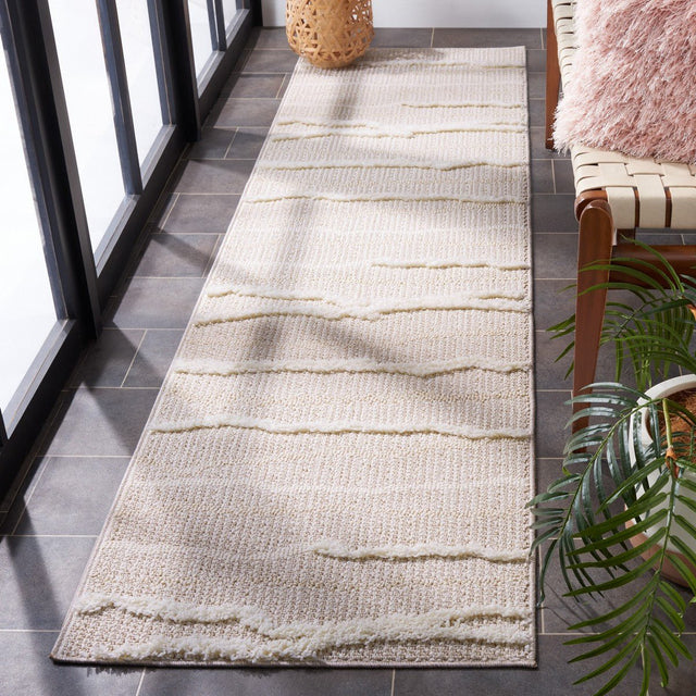 Beige and ivory woven rectangular rug with textured striped pattern