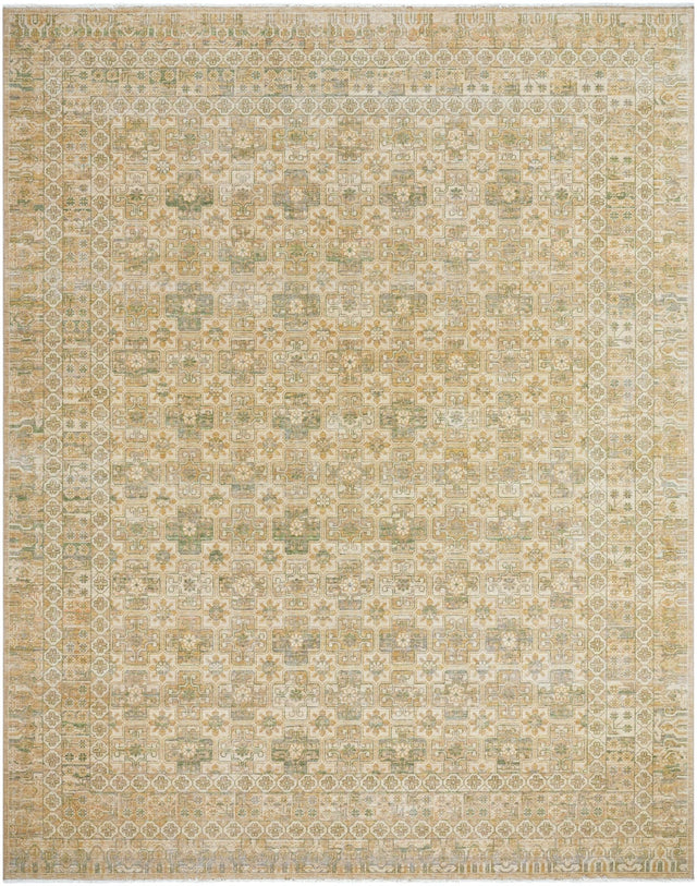 Handmade area rug with ornate geometric motif in beige and sage tones, bordered design