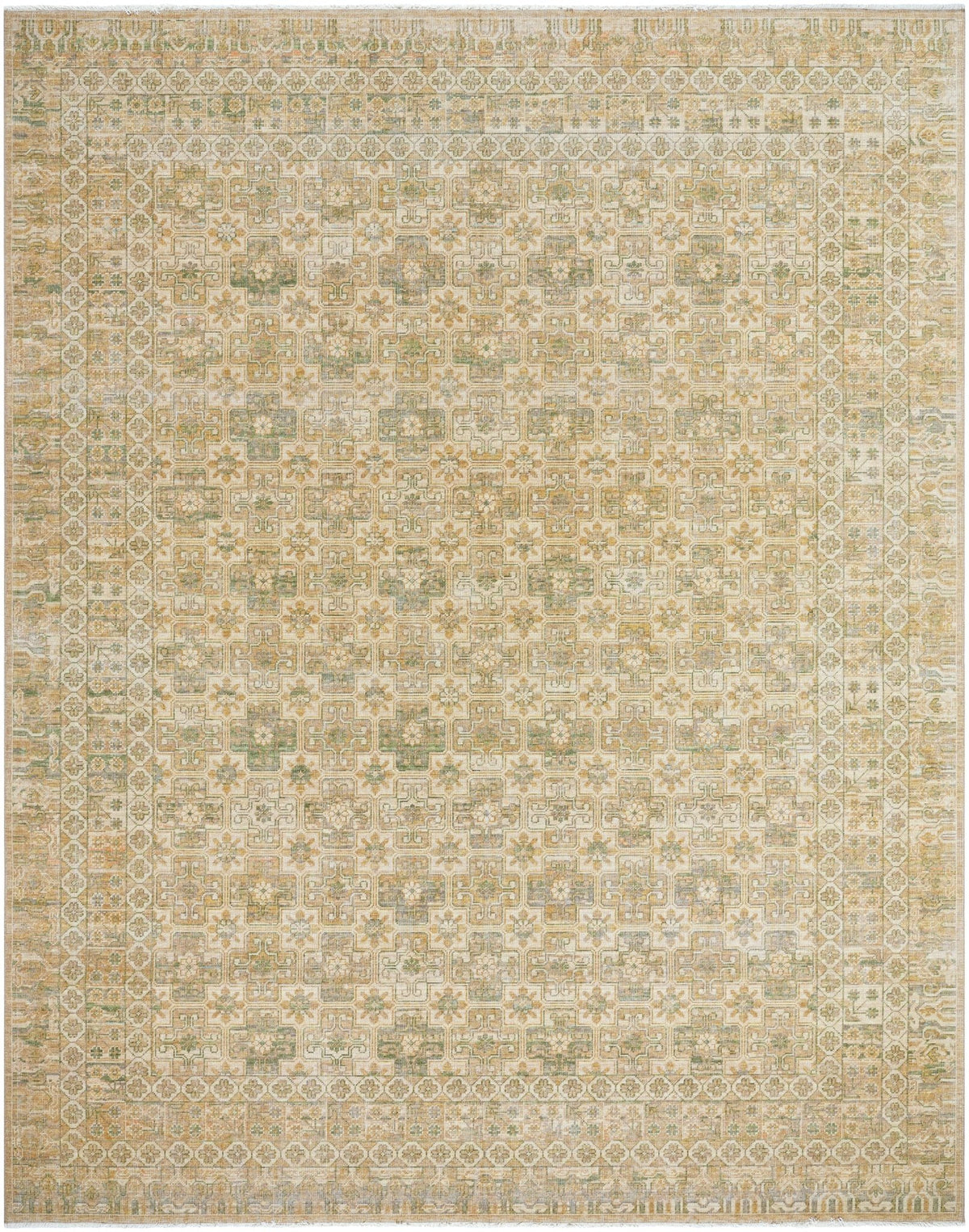 Handmade area rug with ornate geometric motif in beige and sage tones, bordered design