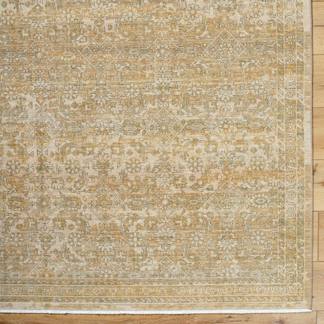 Handmade rug with beige and gold geometric pattern, rectangular border