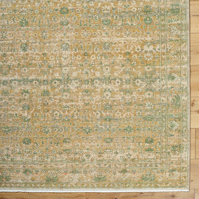 Handmade rug, beige with green and gold ornate medallion pattern and border