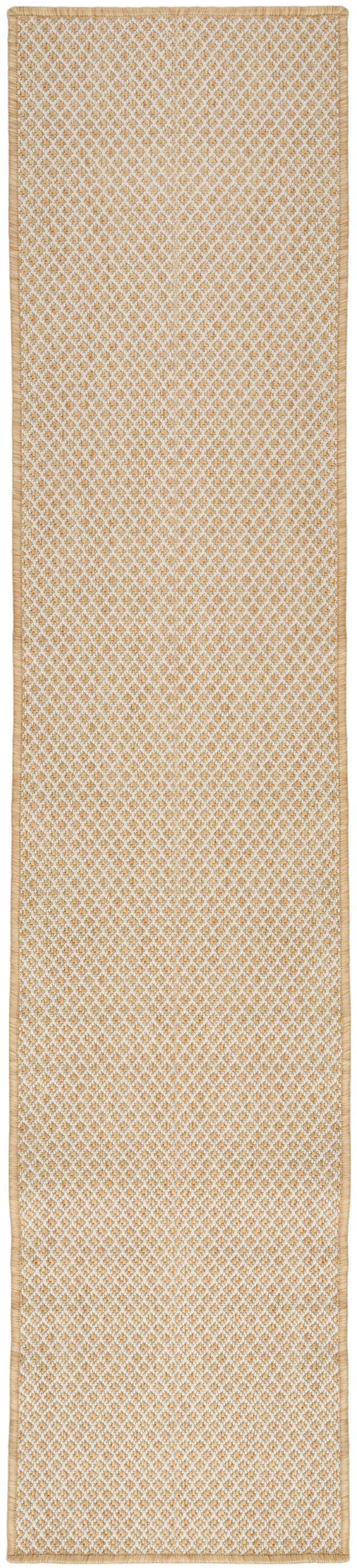 Natural lattice runner rug with tan border, long rectangular shape