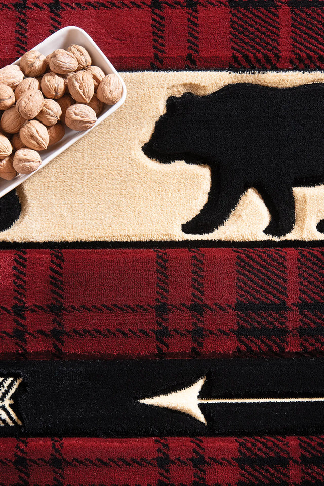 United Weavers Cottage Tartan Bear Burgundy Rug - close-up detail