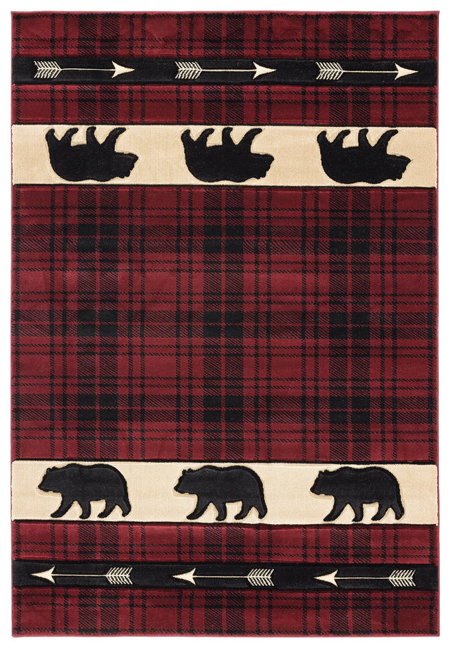 United Weavers Cottage Tartan Bear Burgundy Rug - front view