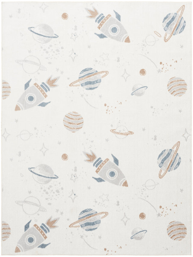 Ivory space-themed multicolor rug with planets, rockets, and stars