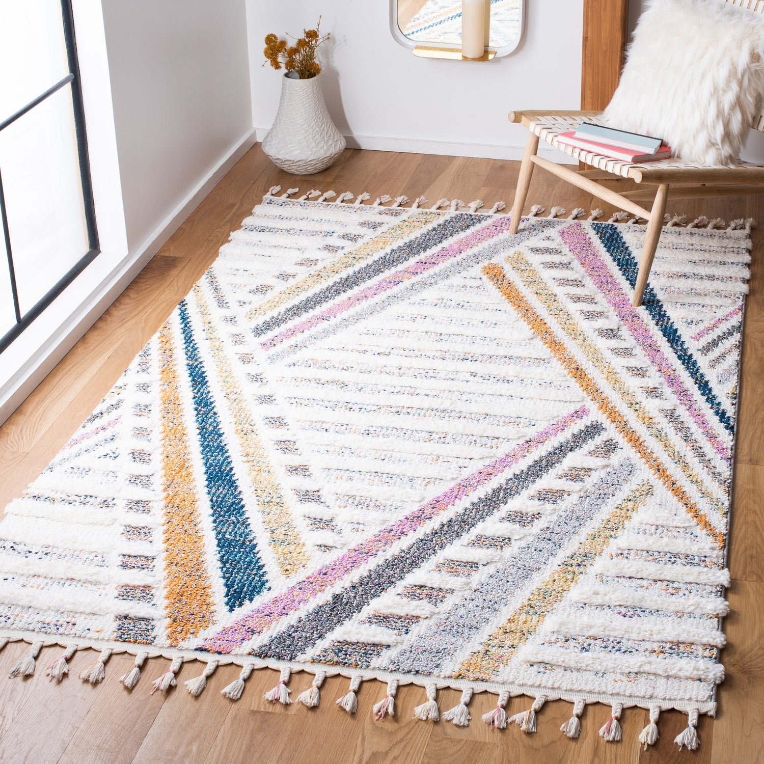 Safavieh Moroccan Fringe Shag Mfg112A Ivory/Grey Rugs.