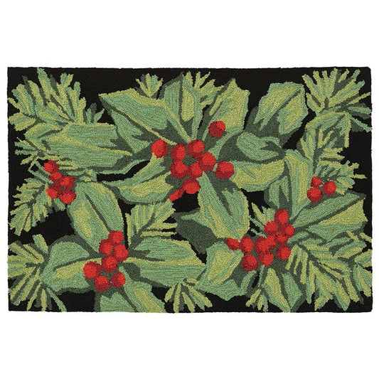 Liora Manne Frontporch Hollyberries 2419/48 Black, Green, Red Christmas Area Rug