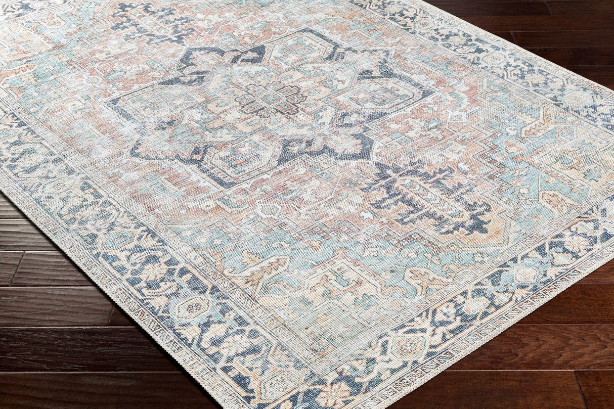 Surya Machine Washable Kemer Kmr-2307 Seafoam, Brick Red Rug.
