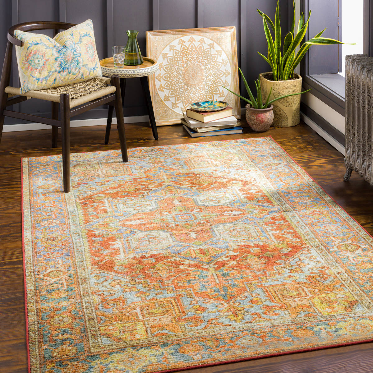 Surya Leicester Lec-2306 Burnt Orange, Coral, Dark Green, Dark Blue Rugs.
