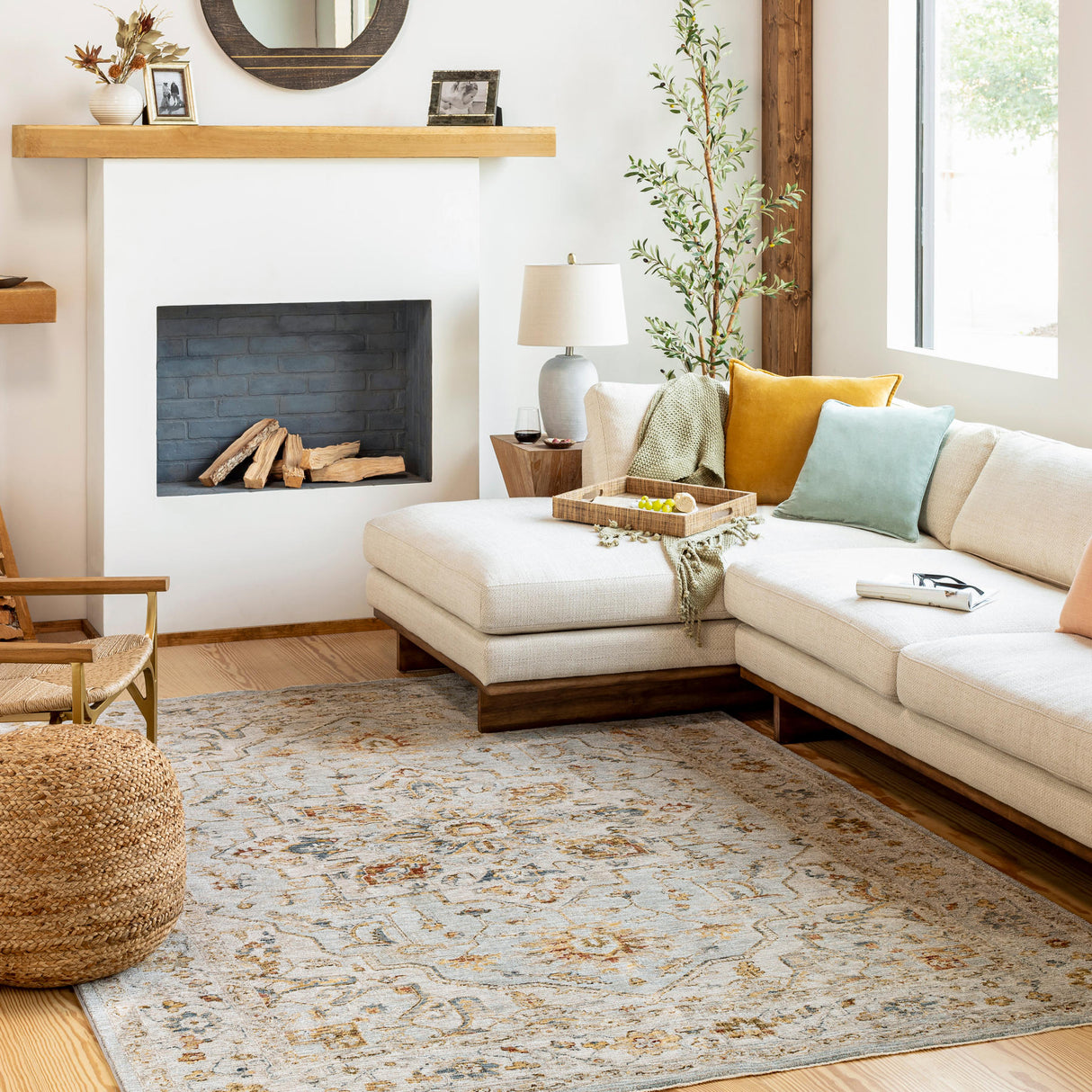 Surya Reina Ren-2304 Light Gray, Cream, Denim, Mustard Rugs.