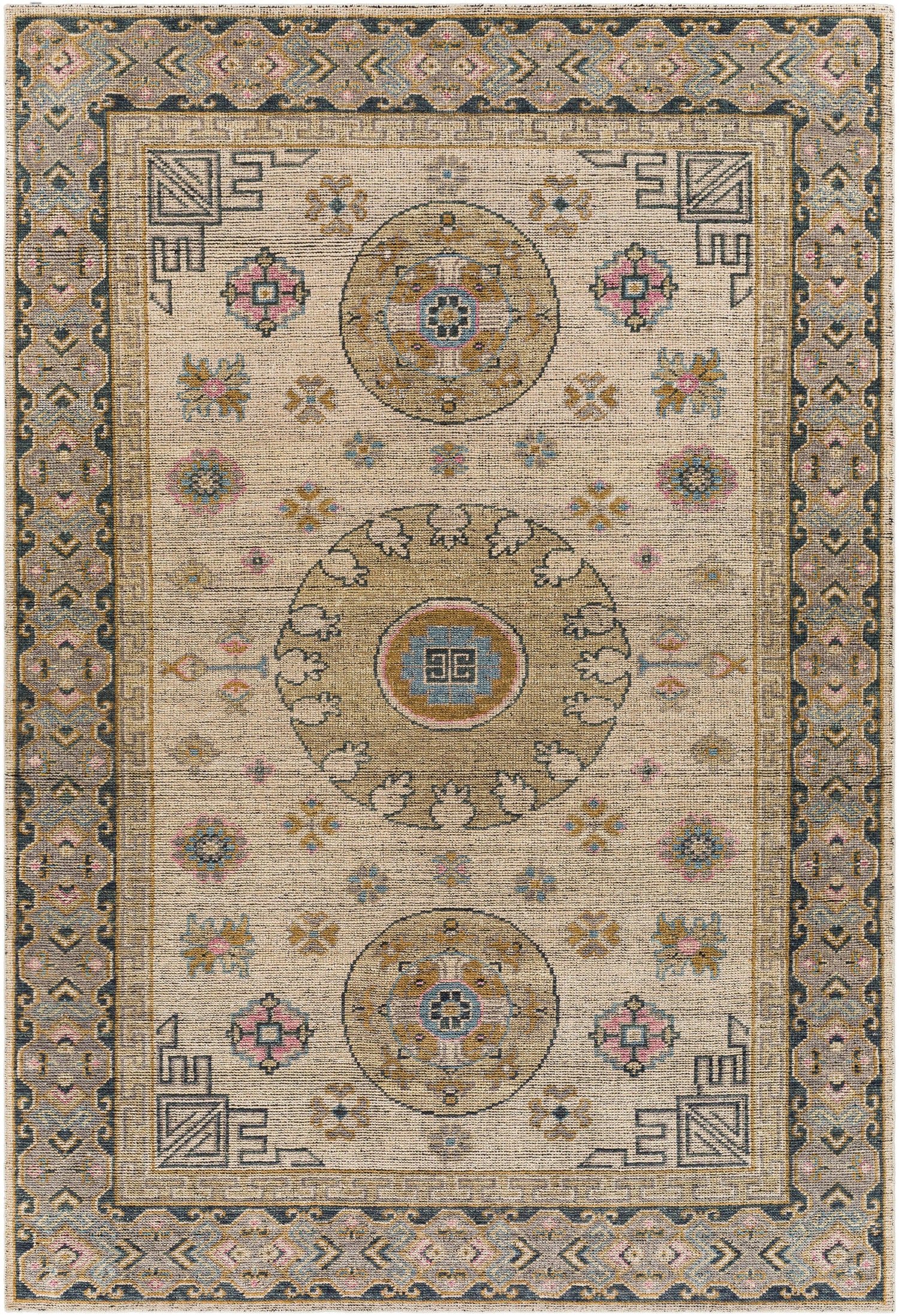 Surya Smyrna Smy-2301 Dark Green, Wheat, Pale Pink, Denim Rugs.