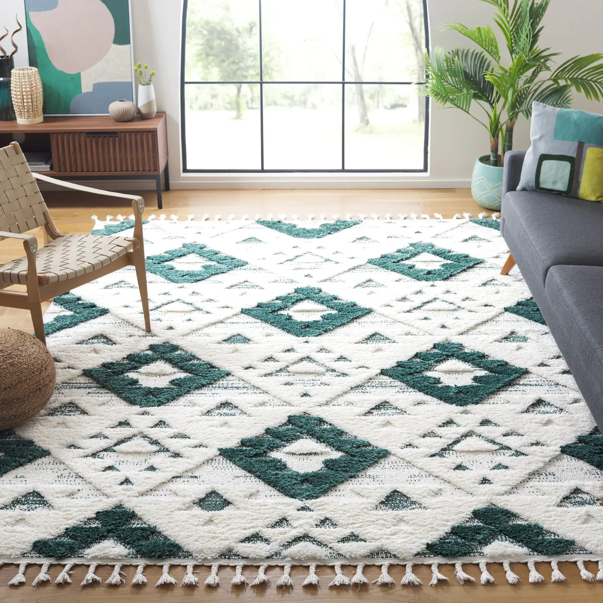 Safavieh Moroccan Tassel Shag 10'-0" x 14'-0" Rug in Green / Ivory