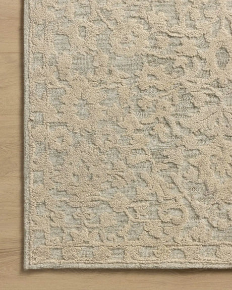 Loloi Prudence PRU-01 Sage / Ivory Hand Tufted Rug - corner on wood