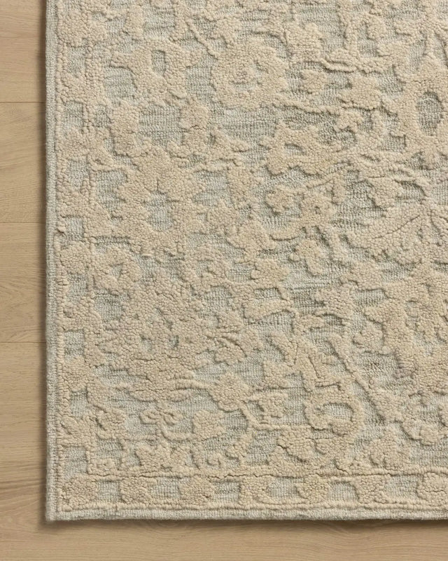 Loloi Prudence PRU-01 Sage / Ivory Hand Tufted Rug - corner on wood