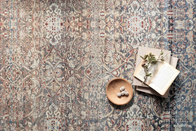 Chris Loves Julia x Loloi Jules 6-Jul Denim / Spice Rug - styled aerial 2