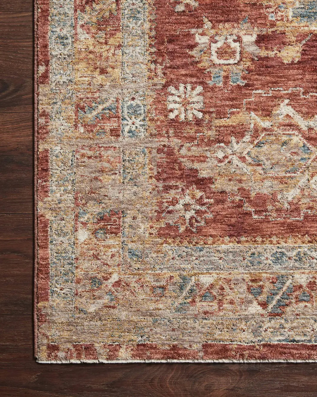 Loloi Gaia Gaa-02 Gold/Brick Rugs - corner on wood