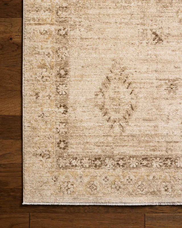 Chris Loves Julia x Loloi Palma PLM-06 Natural / Smoke Rug - corner on wood