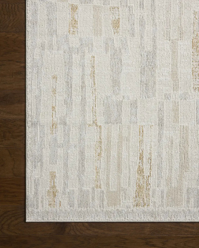 Loloi Roxie ROX-08 Contemporary Power Loomed Natural, Sand Rug - corner on wood
