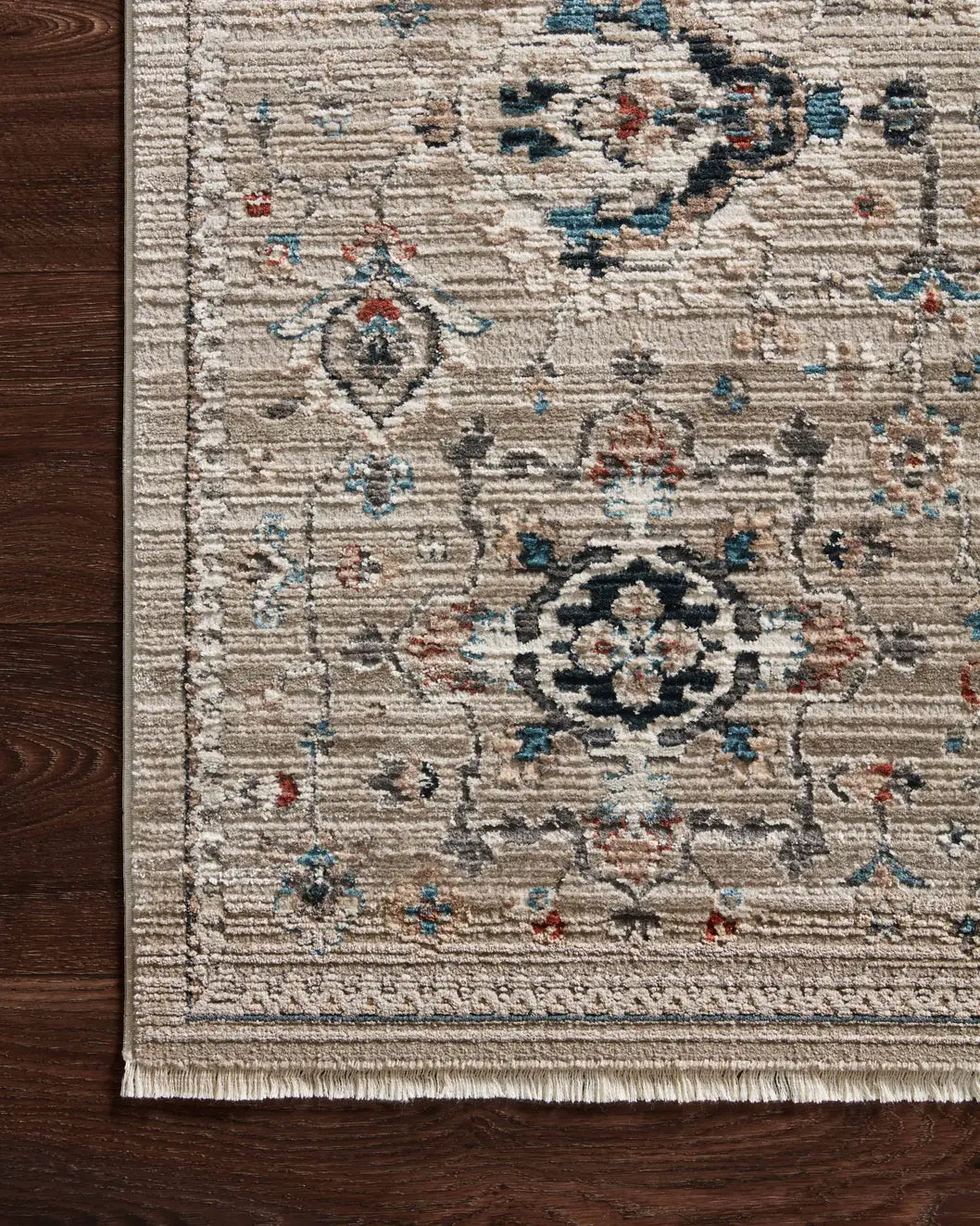 Loloi Leigh Lei-02 Dove/Multi Rugs - corner on wood