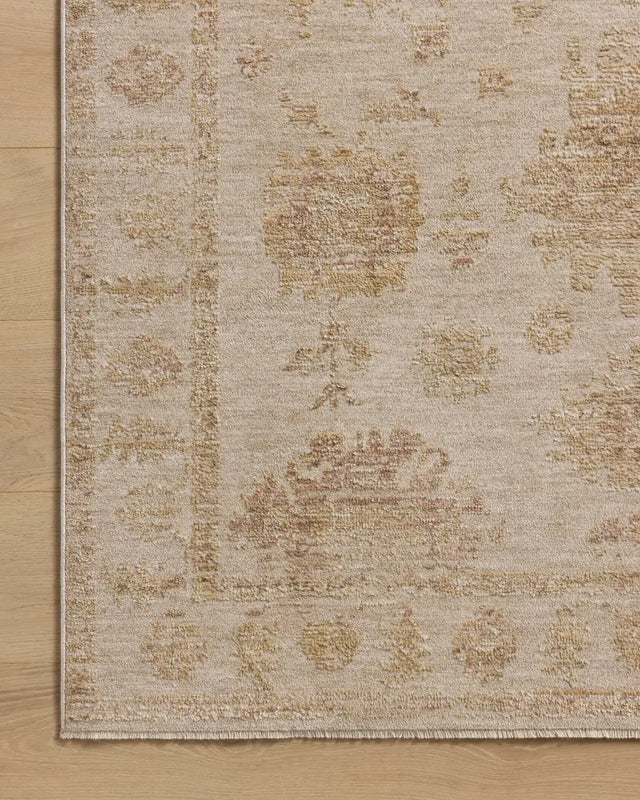 Loloi Willa WIA-07 Bone / Clay Power Loomed Rug - corner on wood