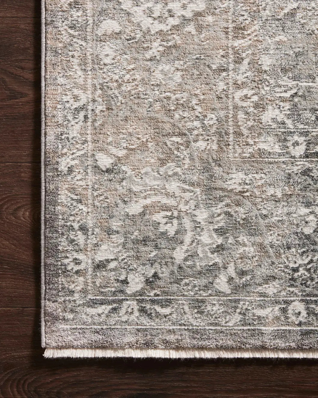 Loloi Homage Hom-03 Stone/Ivory Rugs - corner on wood