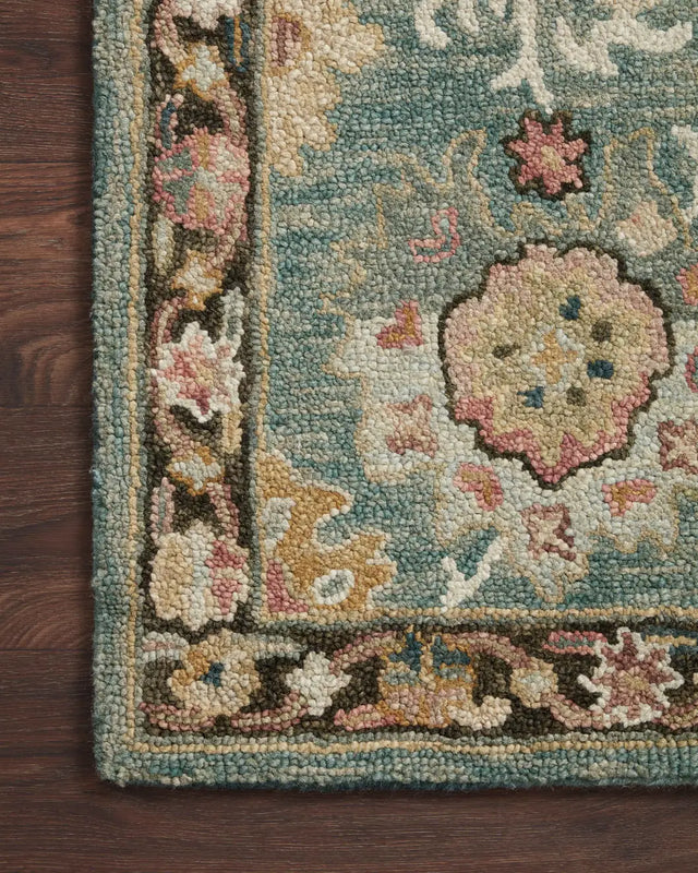 Loloi Padma Pma-04 Teal/Multi Rug - corner on wood
