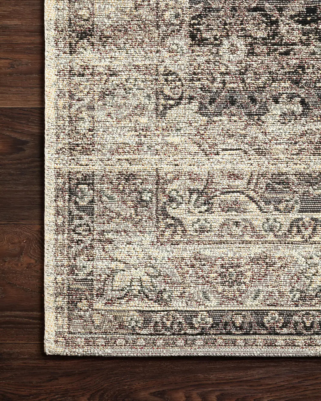 Loloi Mika Mik-12 Stone / Ivory Rugs - corner on wood