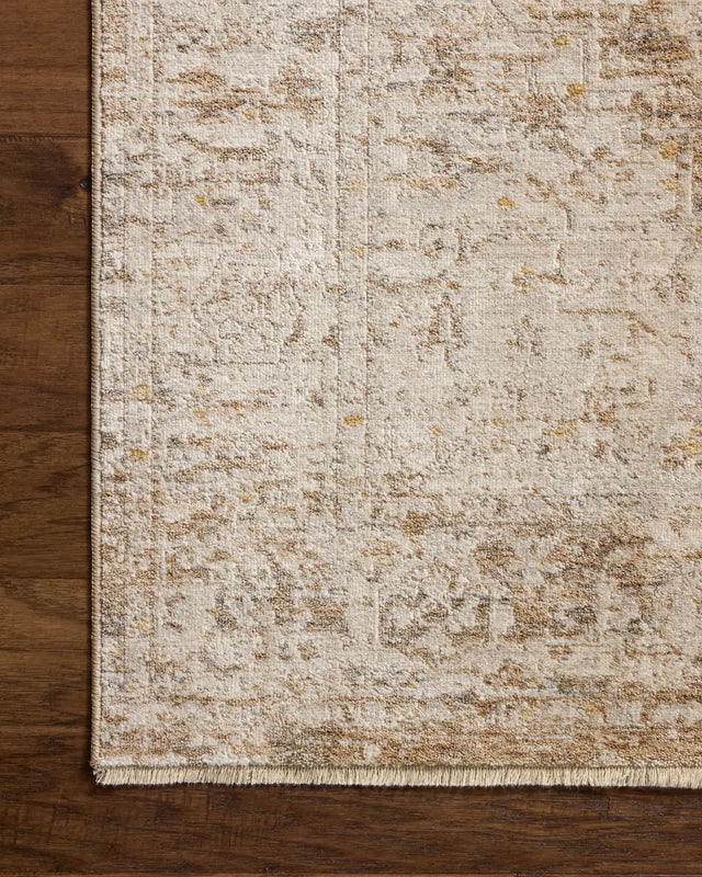 Loloi Clarisse CLS-03 Traditional Power Loomed Taupe, Dove Rug - corner on wood