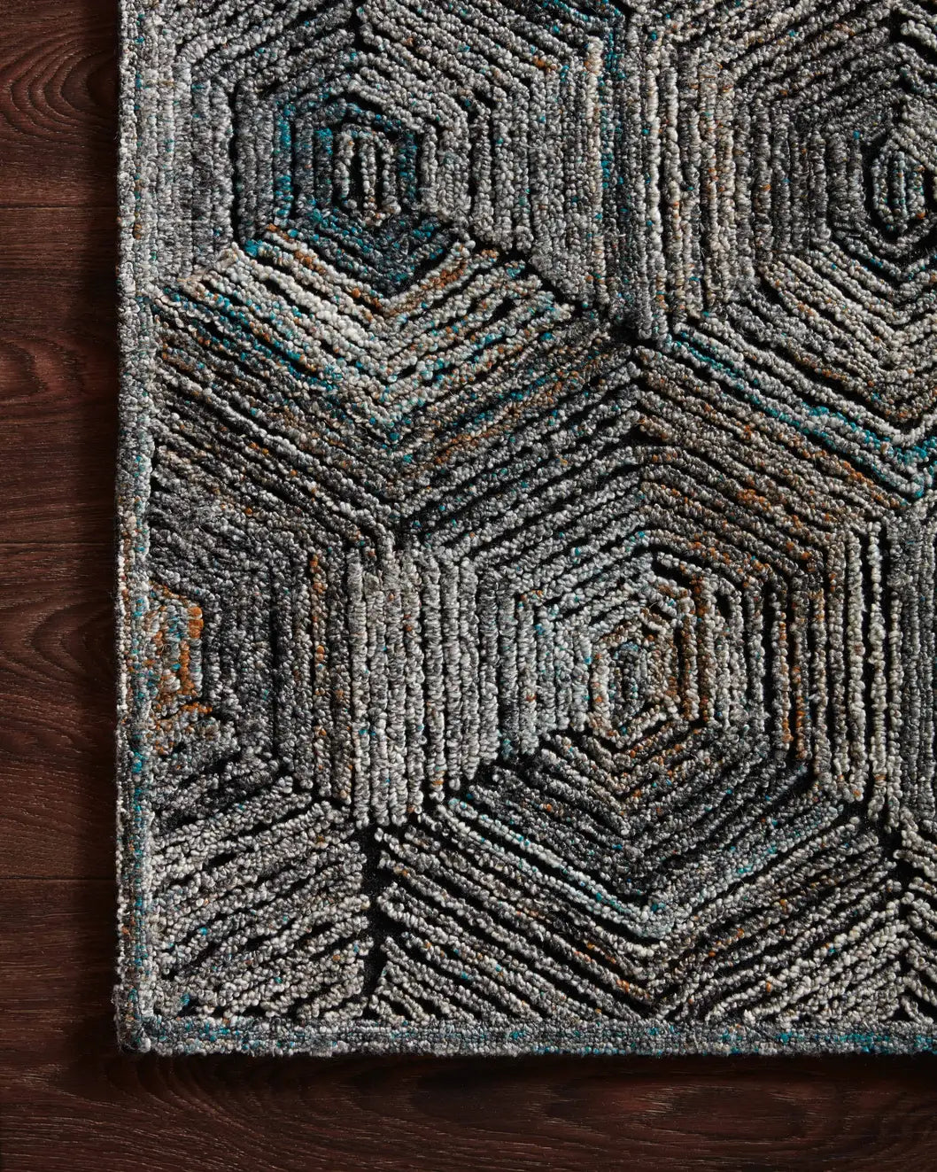 Loloi Prescott Pre-02 Metal Rugs - corner on wood