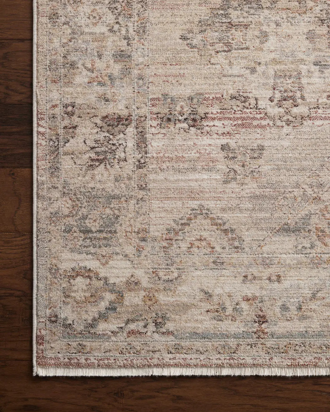 Loloi Lyra Lyr-01 Blush/Dove Rug - corner on wood