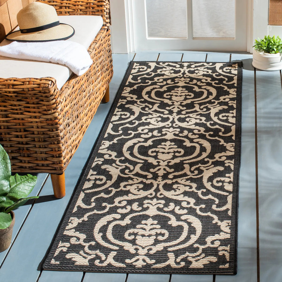 Safavieh Courtyard 2'-3" x 12'-0" Rug in Black / Sand