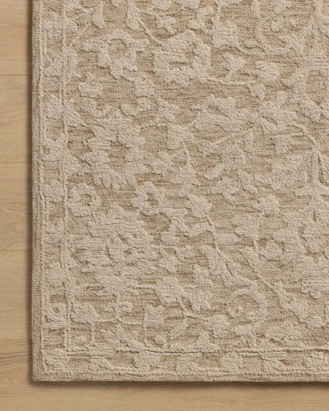 Loloi Prudence PRU-01 Clay / Ivory Hand Tufted Rug - corner on wood