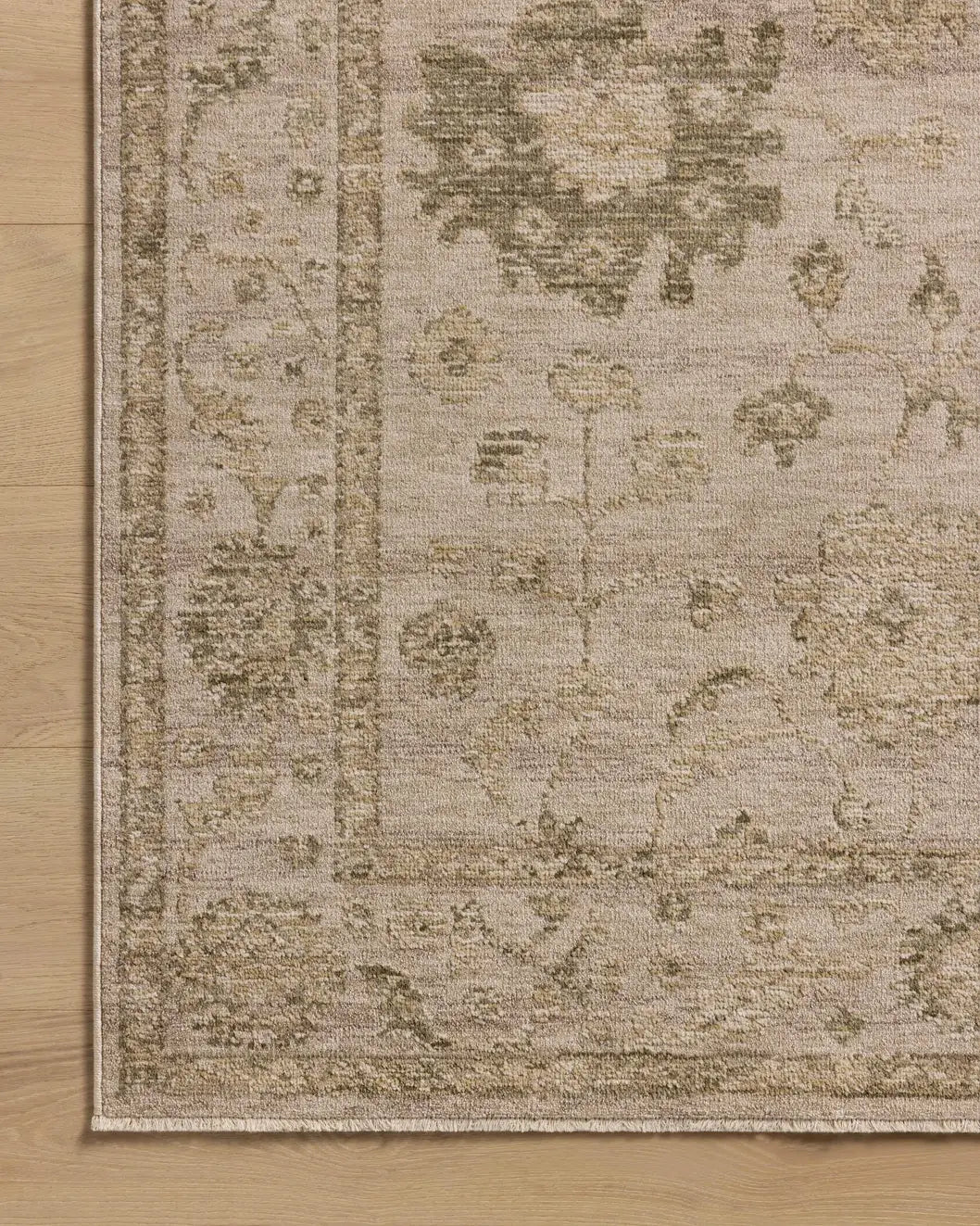 Loloi Willa WIA-09 Dove / Forest Power Loomed Rug - corner on wood